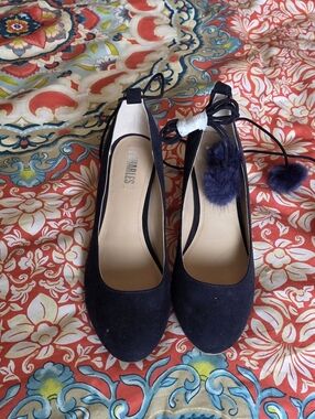 Womens Navy Pom Lace-Up Ballet Flats